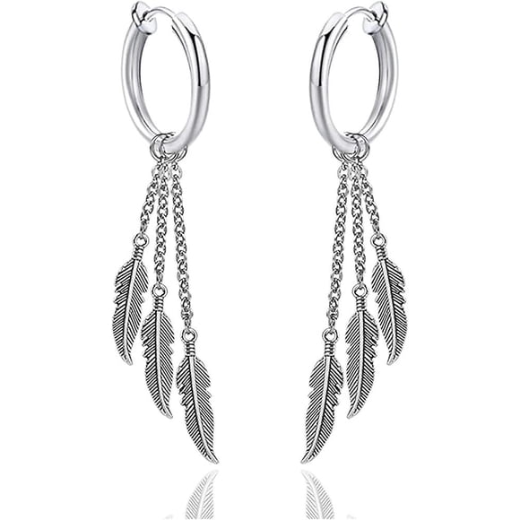 Punk Rock Stainless Steel Feather Drop Dangle Earrings Huggie Hinged Hoop Earrings,