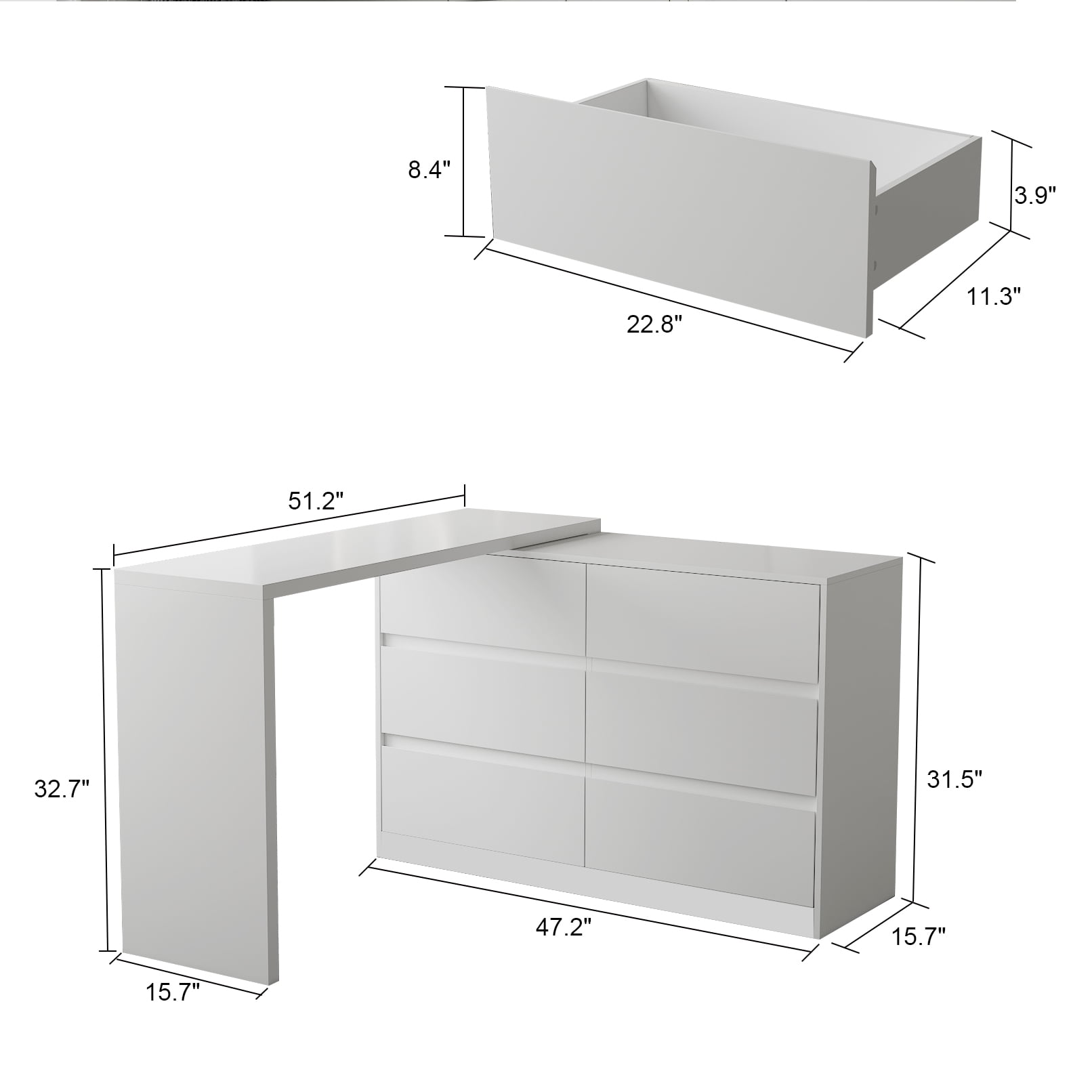 KULAGAGA 6 Drawer Dresser with Rotatable Tabletop, Modern Chest of Drawers with Extendable Desk (No More Than 98" W), Drawer Organizer for Bedroom Home Office, White Dresser