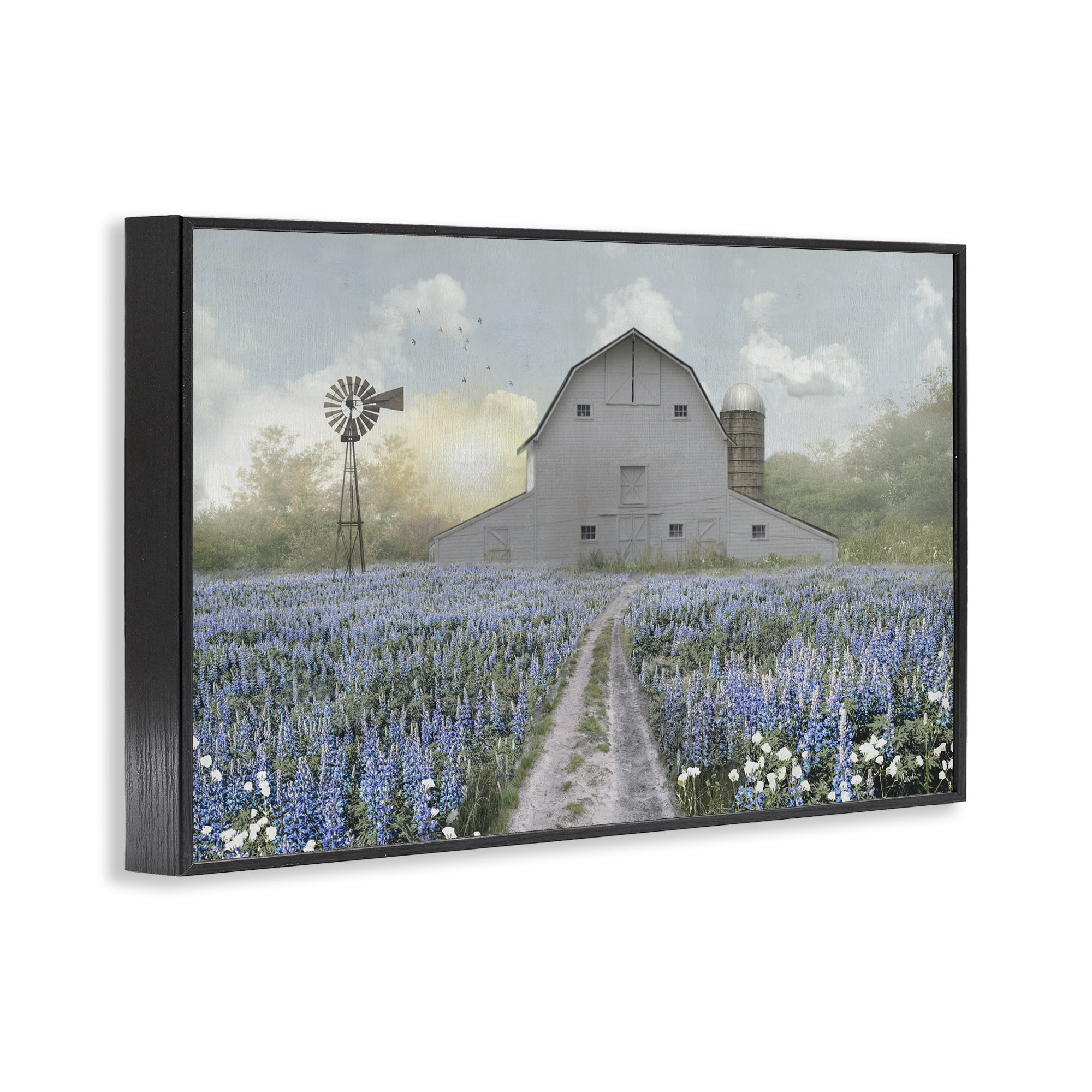 Stupell Industries Meadow of Blue Flowers & Barn Black Framed Giclee Art, design by Nan