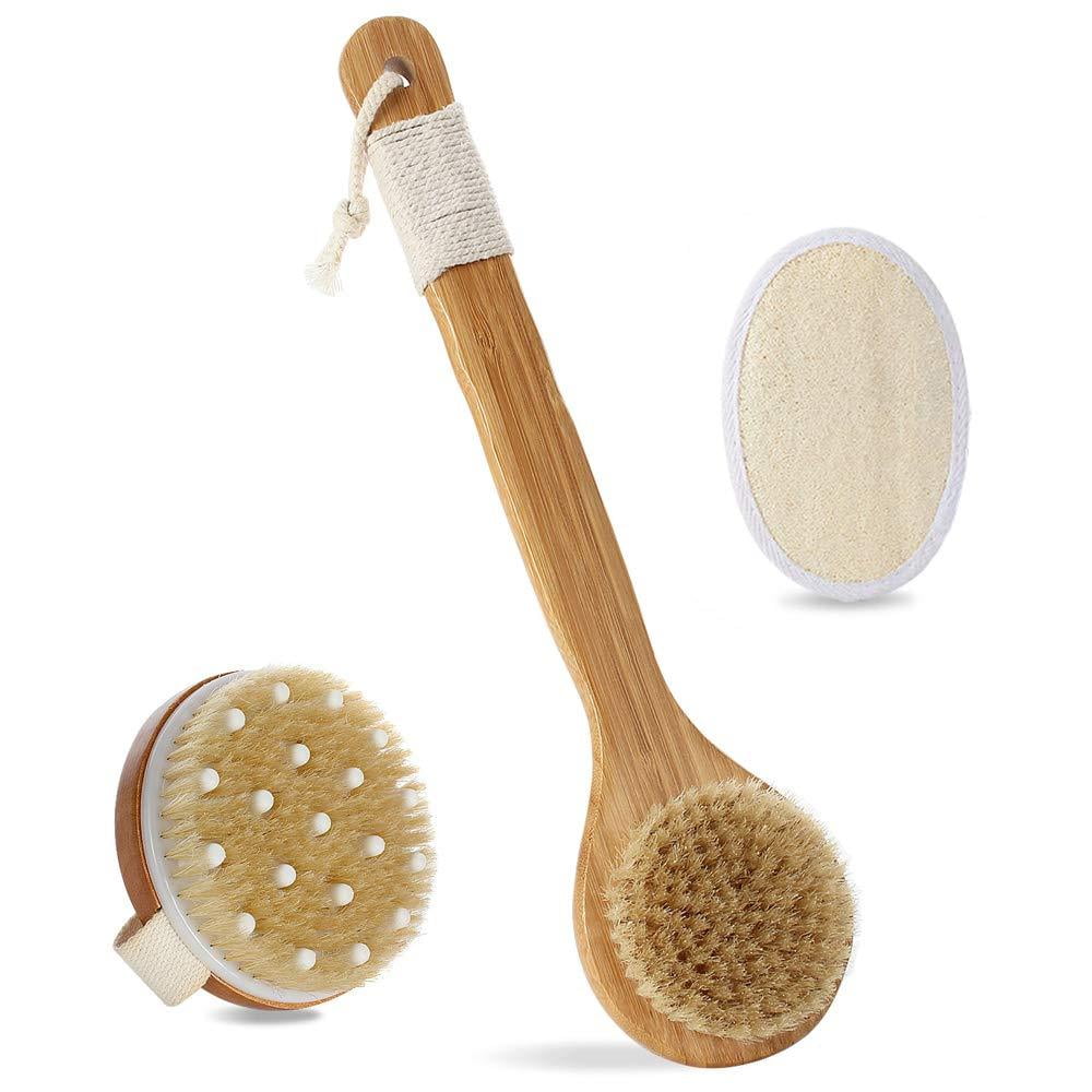 Body Brush Set for Wet or Dry Brushing, Bath Body Scrub Brush Set with Long Handle, Natural Boar