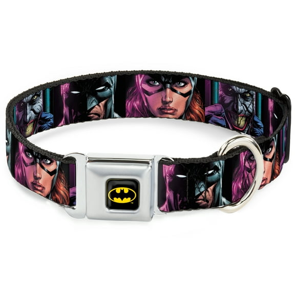 DC Comics Pet Collar, Dog Collar Metal Seatbelt Buckle, Batman Batgirl and Joker Comic Book Cover Face Close Ups Blac, 9.5 to 13 Inches 1.0 Inch Wide
