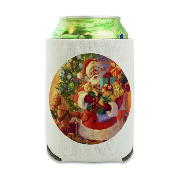 Christmas Holiday Santa Delivering Toys Can Cooler - Drink Sleeve Hugger Collapsible Insulator - Beverage Insulated Holder