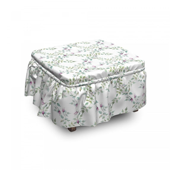Floral Ottoman Cover, Twiggy Rose Branches, 2 Piece Slipcover Set with Ruffle Skirt for Square Round Cube Footstool Decorative Home Accent, Standard Size, Purple Grey Blue Grey, by Ambesonne