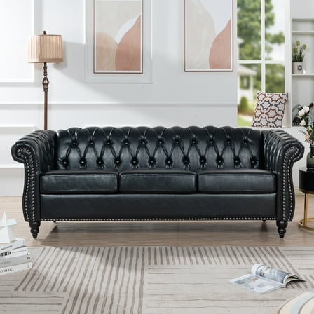 84.65" BLACK PU Rolled Arm Three Seater Sofa.