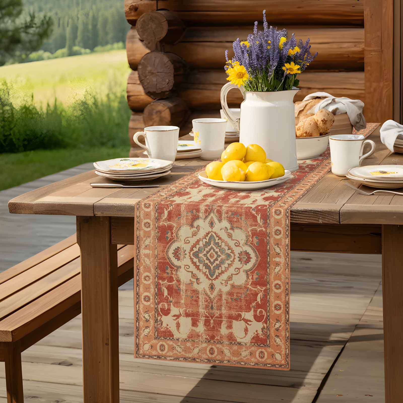 Vintage Ethnic Tribal Floral Table Runner 90 Inches Long, Traditional Oriental Orange Table Runners Tabletop Scarf Kitchen Dining Tables Decoration for Home Party Indoor Outdoor