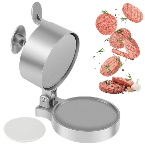 Burger Press Patty Maker with 100 Patty Paper Adjustable Thickness Hamburger Patty Maker with Handle Non-Stick Burger Mold Hamburger Press Food Grade Burger Press Reusable for Burgers Crab Cakes