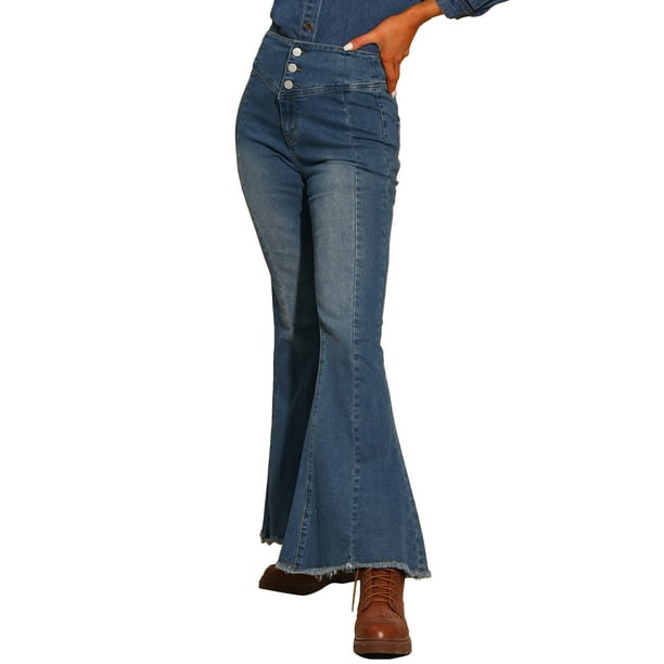 Jeans de campana para mujer de tiro alto, pantalones de mezclilla acampanados clásicos, azul, XS