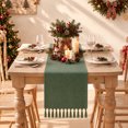 thumbnail image 2 of Sm:)e Dark Green Christmas Tassel Table Runner, 13x36 Inches, Boho Linen Blend Rustic Farmhouse Style, Holiday Wedding Party Kitchen Table Decor, 2 of 10