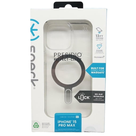 Speck iPhone 15 Pro Max Case-Presidio Perfect-Clear-ClickLock-MagSafe-6.7 Inch Phone Case-Presidio Clear/Chrome
