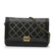 Pre-Owned Authenticated Chanel Quilted Boy Wallet On Chain Calf Leather Black Crossbody Bag Unisex (Good)
