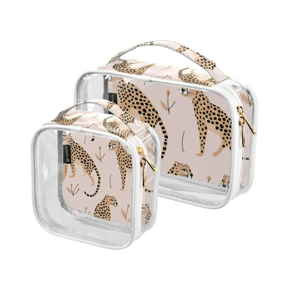 Cheetahes Leopard Clear Cosmetic Bags with Handles PVC Toiletry Bags Zipper Waterproof Portable for Traveling 2 Pcs
