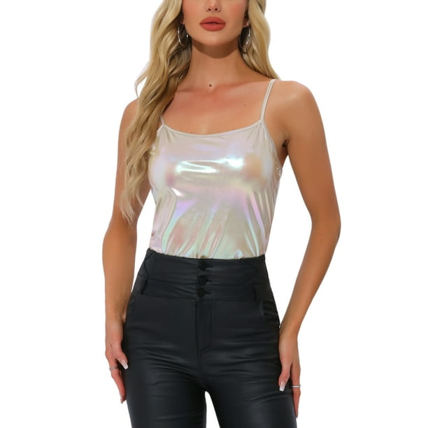 INSPIRAR CHIC Top sin mangas metálico brillante holográfico de Navidad para mujeres M Beige Holográfico