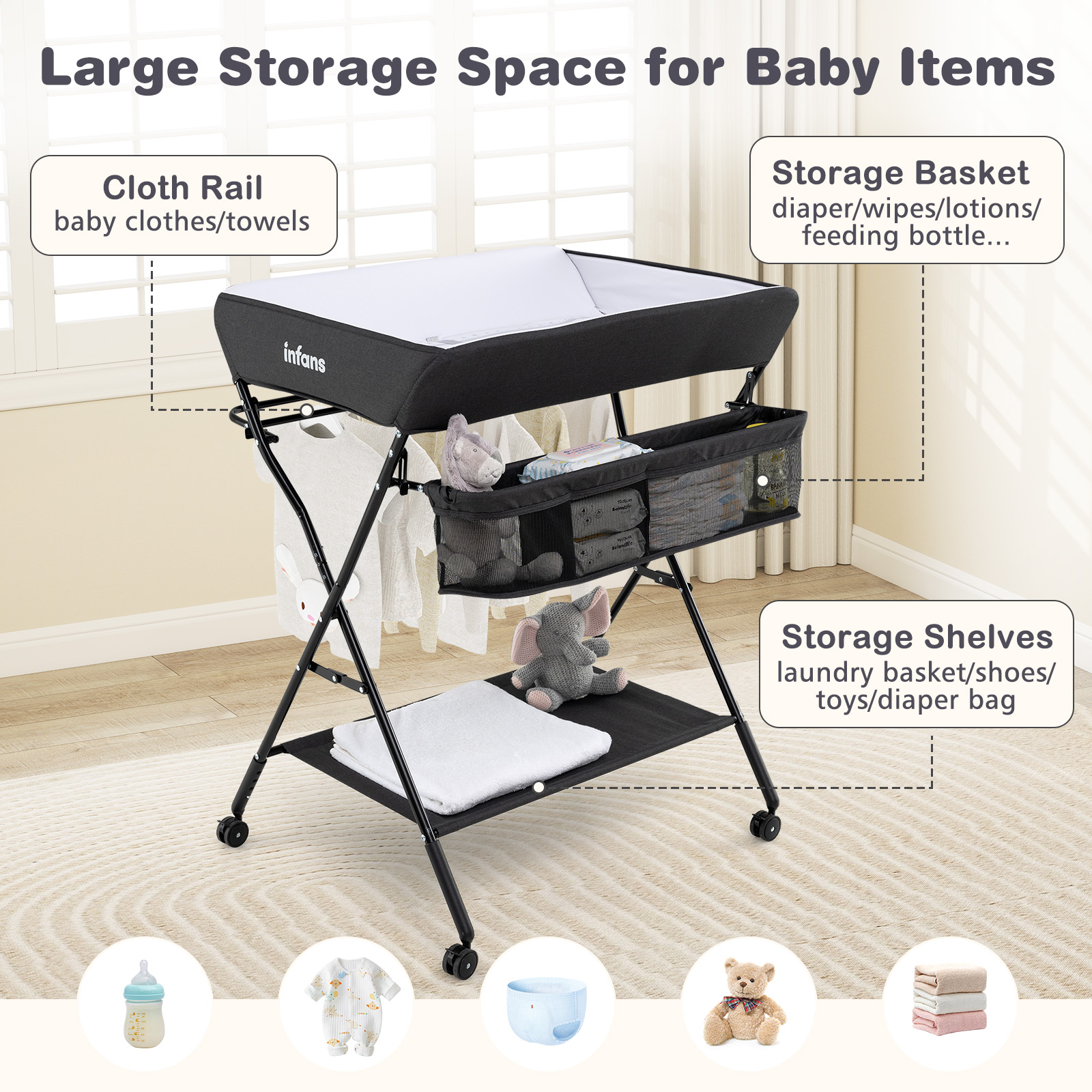 INFANS Baby Changing Table with Wheels, Portable Folding Diaper Station Nursery Organizer with Storage Basket, Hanging Rack, Adjustable Height, Safety Belt for Newborn Infant