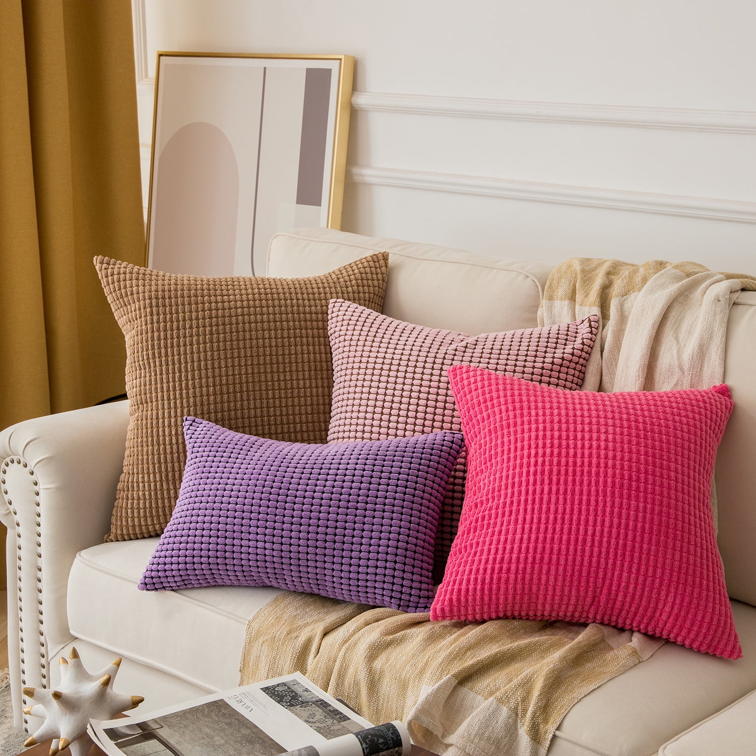 Soft Corduroy Corn Striped Velvet Series Decorative Throw Pillow, 18" x 18", Purple, 2 Pack