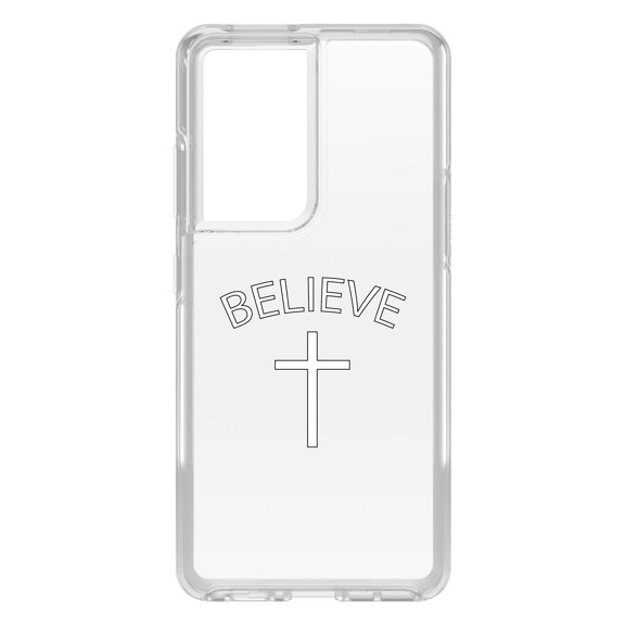 DistinctInk Clear Shockproof Hybrid Case for Galaxy S21 ULTRA 5G (6.8" Screen) - TPU Bumper Acrylic Back Tempered Glass Screen Protector - BELIEVE - Cross, Jesus