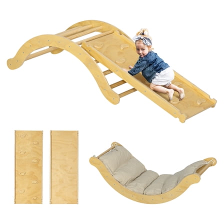 Qaba Toddler Climbing Toys, Indoor 4 In 1 Pikler Climbing Set with Arch Climber, Ramp & Cushion, Wooden Montessori Climbing Set, Baby Play Gym for Indoor , Wood
