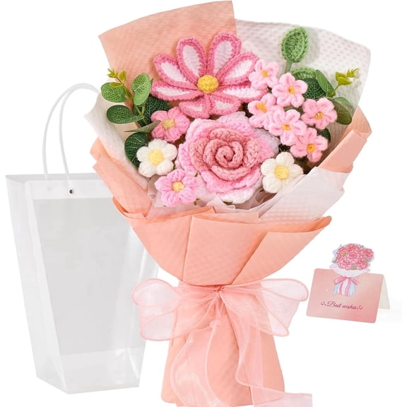 Crochet Flower Bouquet, Knitted Flowers, Pink Handmade Bouquet of Flowers for Mother's Day Anniversary Birthday Party Graduation Valentine's Day Gifts (Include Card)