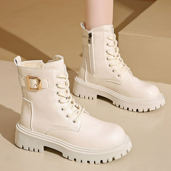 PiGOGI Women's Chunky Heel Ankle Boots for Women Winter Lace Up Side Zipper Round Toe Faux Leather Casual Fashion Boots White 42