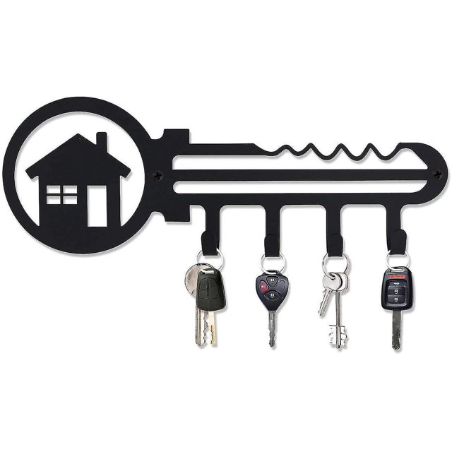 Llavero decorativo de hierro para montar en la pared, con 4 ganchos para llaves, organizador para llaves de casa o de coche, color negro