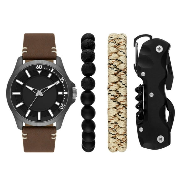 Folio Men's Gunmetal Tone Round Analog Watch with Brown Faux Leather Band, Layered Bracelets and Black Multi-tool Gift Set