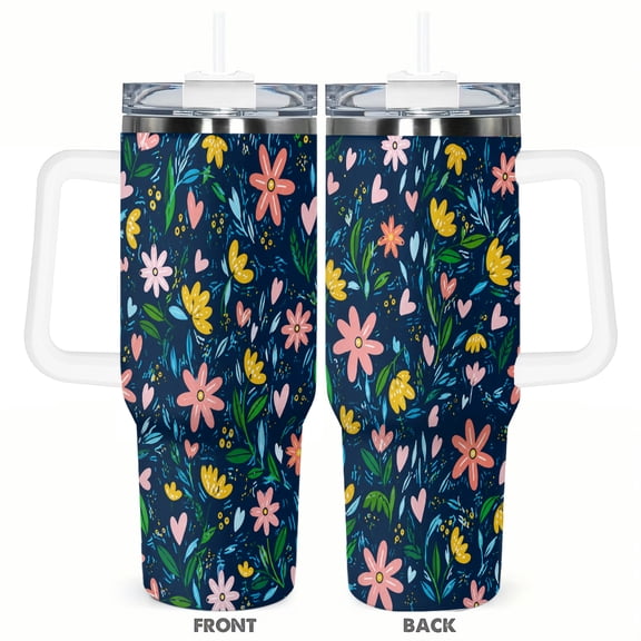 40oz Navy Floral Heart Travel Tumbler with Handle and Straw Lid Colorful Insulated Car Coffee Cup Gift for Women