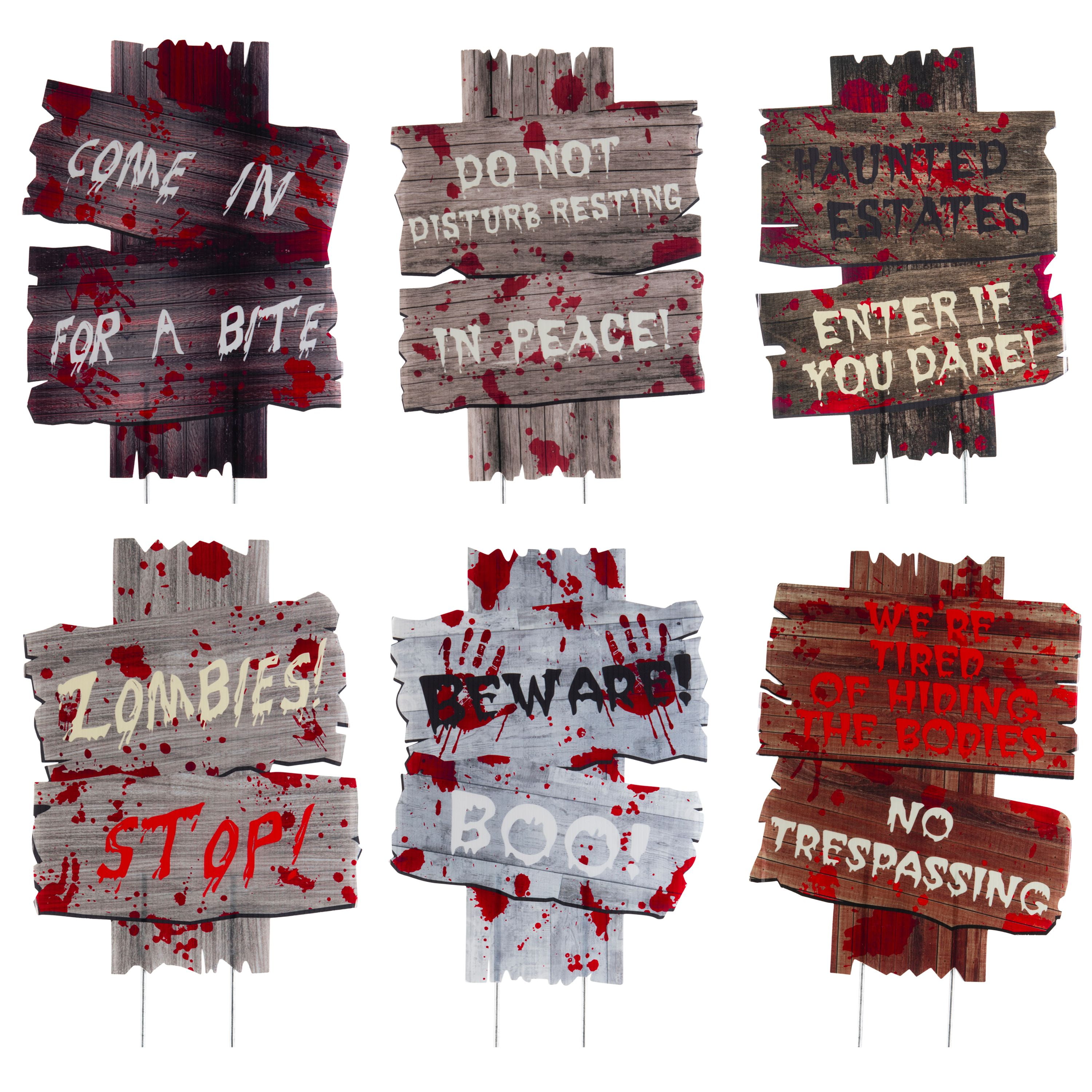 Prextex Halloween Decorations- Yard Signs for Scary Outdoor Decoration - Beware - No Trespassing - Zombies Stop! Creepy Sidewalk Warning Signs with Metal Stakes (6 Piece Set, 12 x 9 - Walmart.com