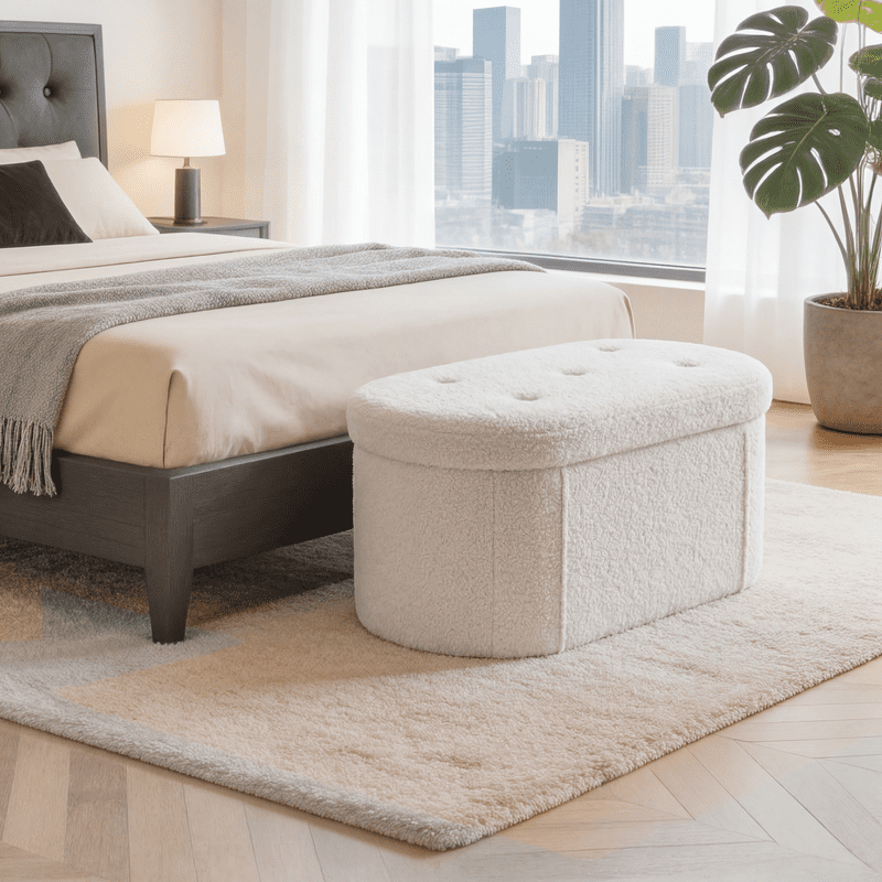 Gianna 43 Inch Ottoman with Storage, Folding Foot Rest for Living Room & Bedroom, Versatile Home Bench, White