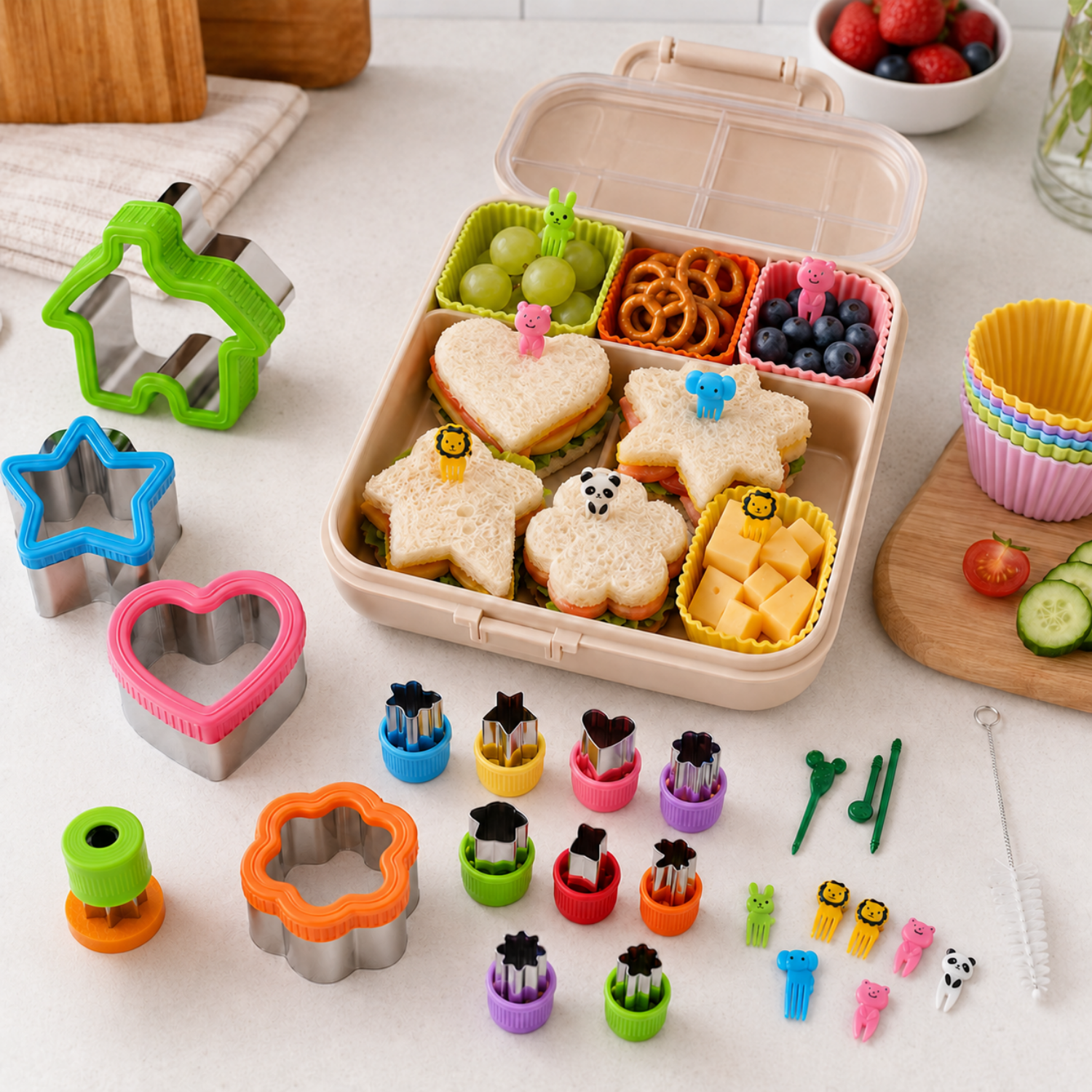 Sandwich Cutters for Kids Lunch, 36-Piece Set with Stainless Steel Bread and Cookie Cutters, Cartoon Food Picks and Silicone Baking Cups for Bento Lunches, Ages 6-12