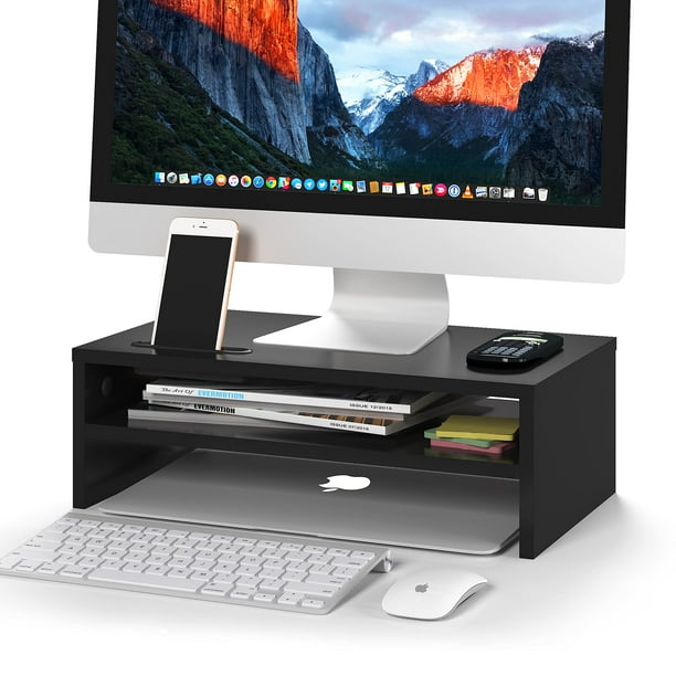 Soporte para monitor BONTEC, 2 niveles, madera con almacenamiento, color negro