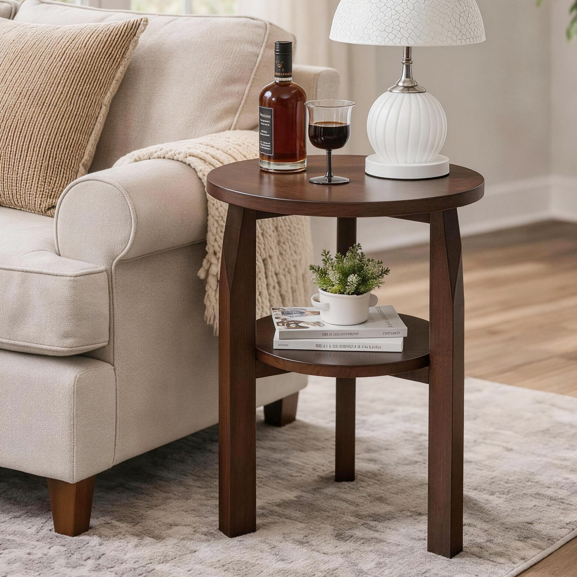 Solid Rubberwood Round End Table, 2-Tier Side Table with Storage Shelf, Small Accent Table for Living Room, Bedroom