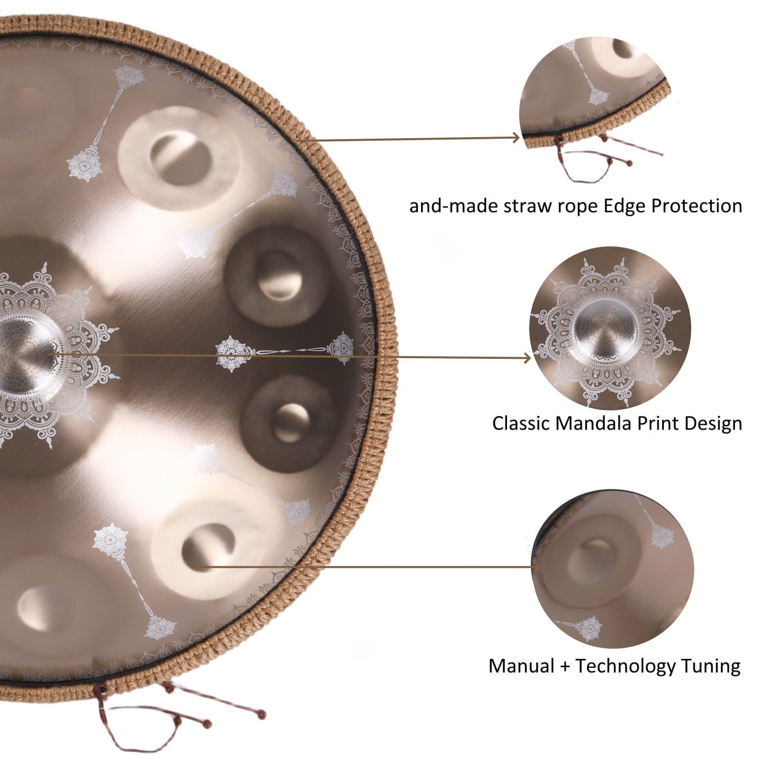 440HZ Tambourine Steel Drum in D Minor 22Inch Golden 10 Notes Mandala Handpan Percussion Drum with Soft HandPan Bag