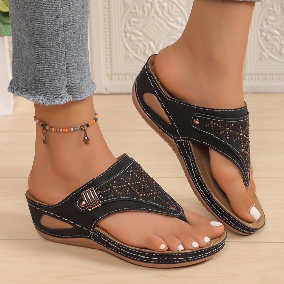 Xucatan Women's Rhinestone Wedge Flip Flops, Faux Suede Thong Sandals with Chunky Heel, Open Toe Glitter Platform Slippers, Versatile Summer Beach Footwear Gift