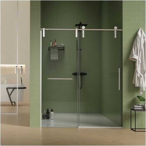 JERFIT Frameless Sliding Shower Door 56-60" x 70" with Towel Bar, Brushed Nickel Enclosure for Bathroom