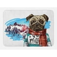 thumbnail image 1 of Pug Bath Mat, Sketch Style Dog with Winter Clothes Scarf Sweater Mountains Background Open Sky Image, Non-Slip Plush Mat Bathroom Kitchen Laundry Room Decor, 29.5 X 17.5 Inches, Ruby Blue, Ambesonne, 1 of 2