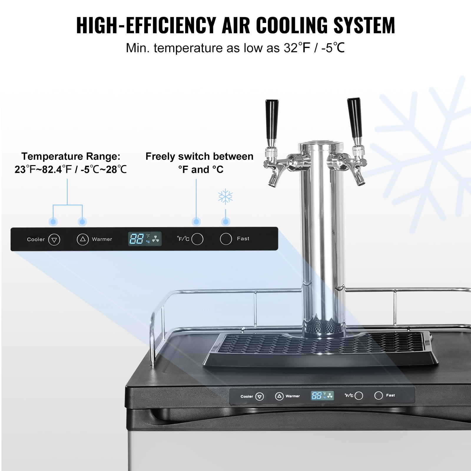 KFFKFF Dual Tap Beer Cooler, Keg Fridge with Shelf, CO2 Tank (Empty), Drip Tray & Guardrail, Temp Range 23°F-82°F, 162L Capacity, Silver
