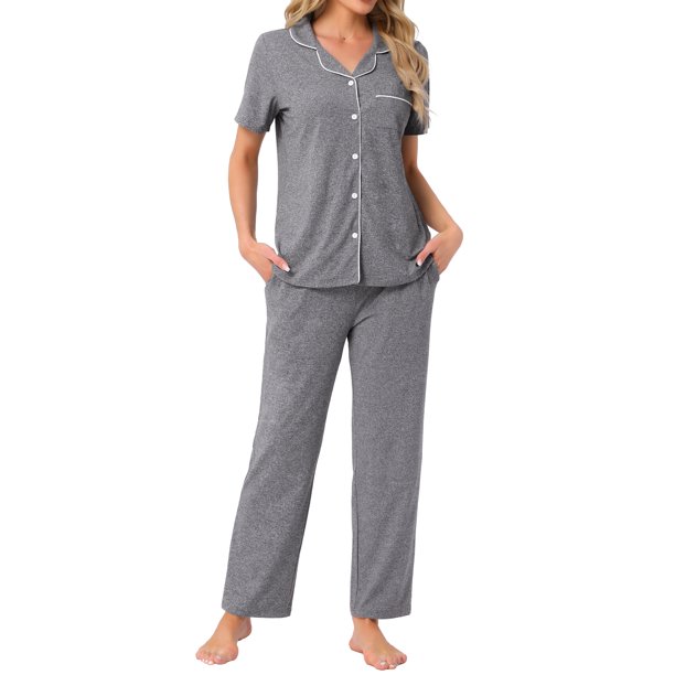 Conjunto de pijama para mujer INSPIRE CHIC, botón, suave, de manga corta, ropa de dormir, pantalones largos, conjunto de 2 piezas, XS, gris oscuro
