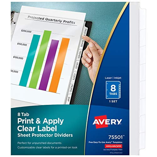 Avery 8-Tab Sheet Protectors Dividers, Printable Easy Peel Clear Labels, Index Maker, White Tabs ...