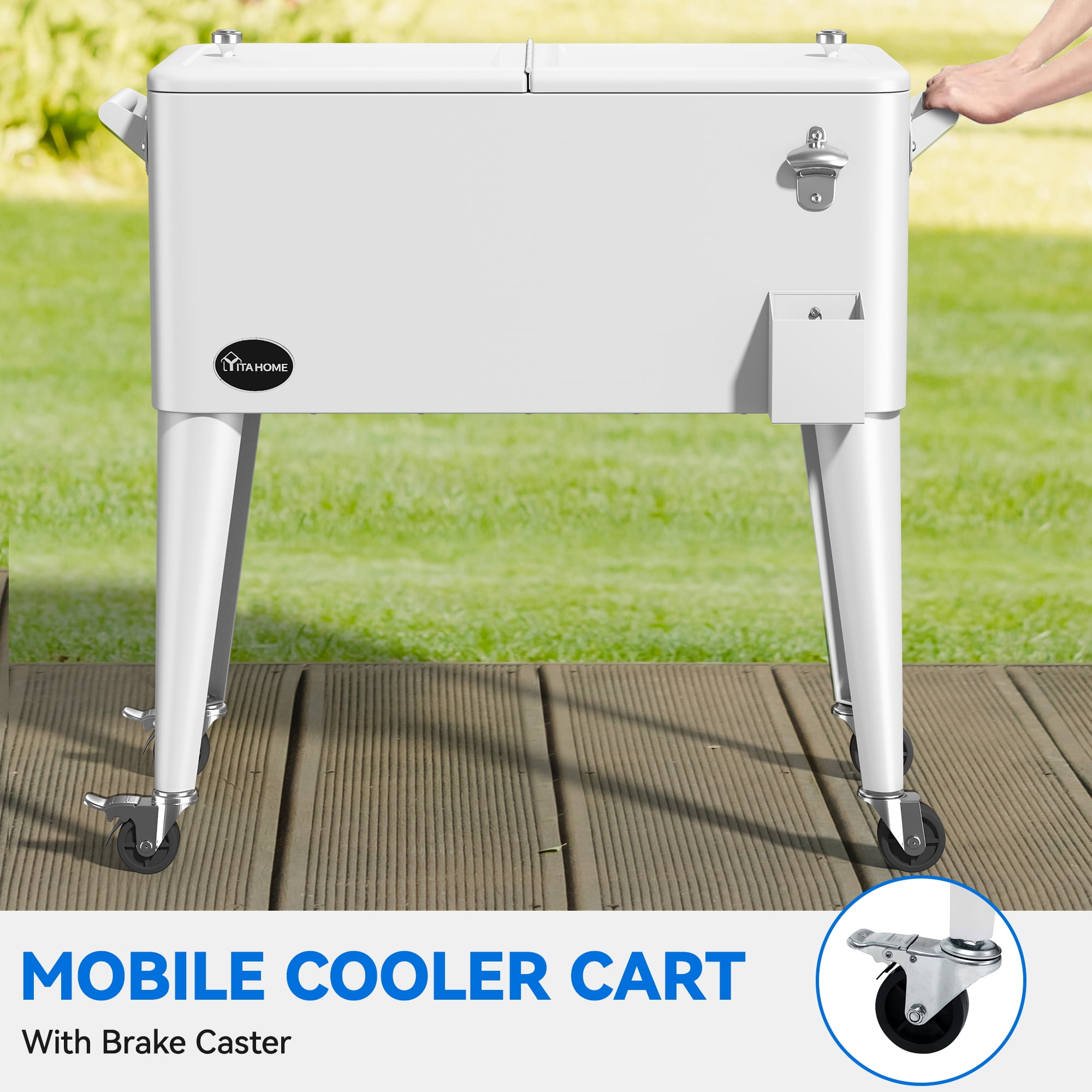 Dextrus 80 Quart OutdDextrus 80 Quart Outdoor Rolling Cooler Cart with Bottle Opener Drainage, White