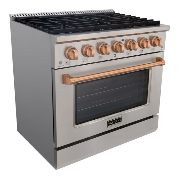Akicon 36" Slide-in Freestanding Professional Style Gas Range with 5.2 Cu. Ft. Oven, 6 Burners, Convection Fan, Cast Iron Grates & Blue Porcelain Oven Interior, in Stainless Steel with Copper