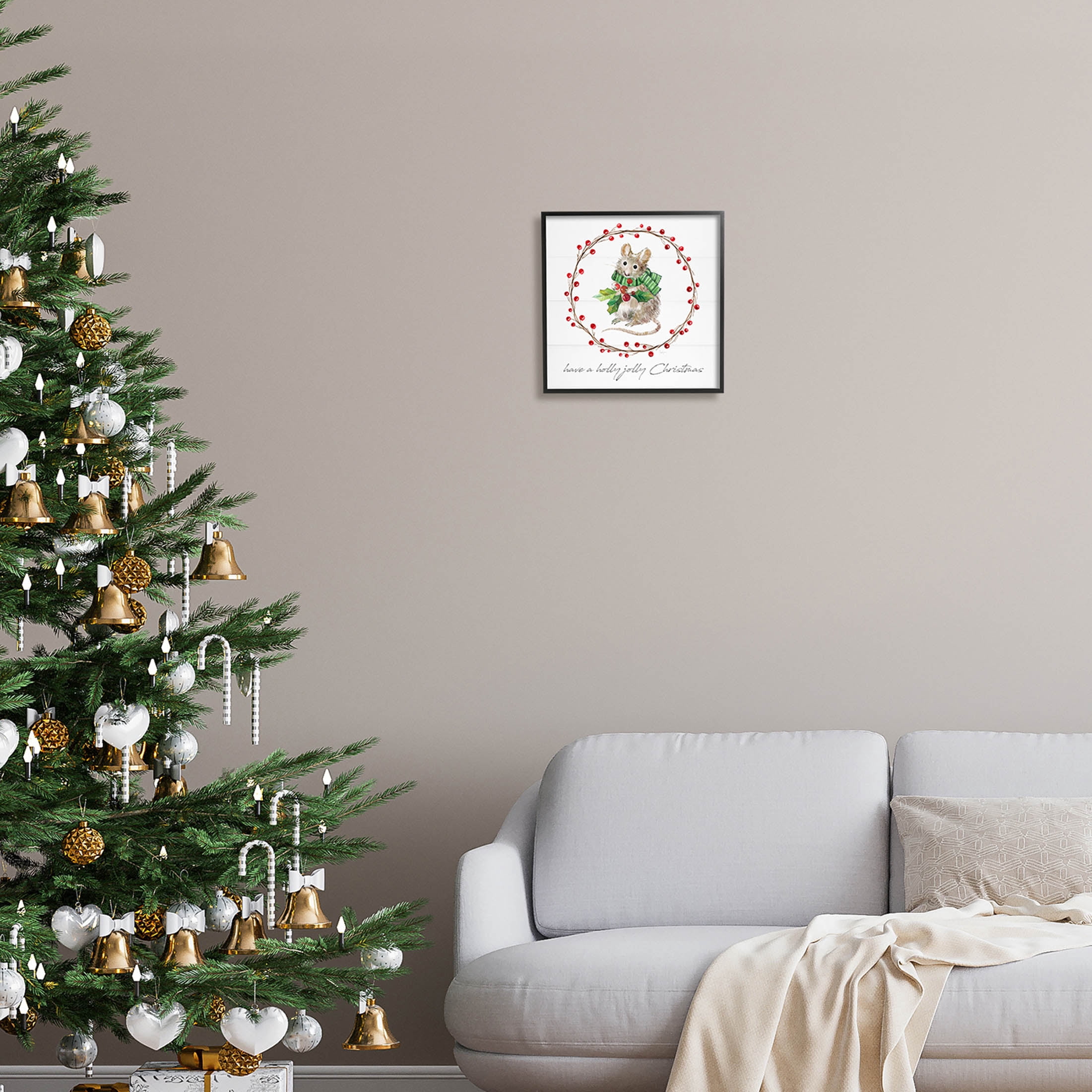 Stupell Industries Holly Jolly Christmas Mouse Graphic Art Black Framed Art Print Wall Art, Design by Livi Finn