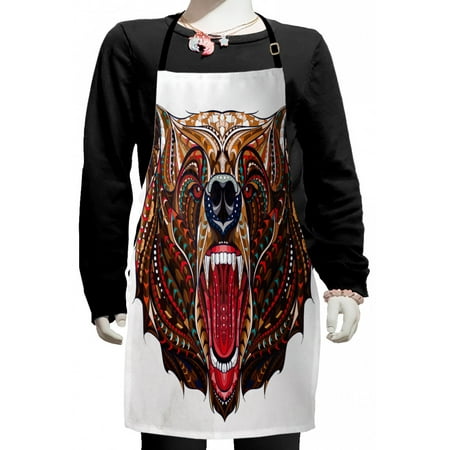 

Bear Kids Apron Patterned Head of Wild Predator Growling Eastern Motifs Ornaments Boys Girls Apron Bib with Adjustable Ties for Cooking Baking Painting Brown Red Blue by Ambesonne