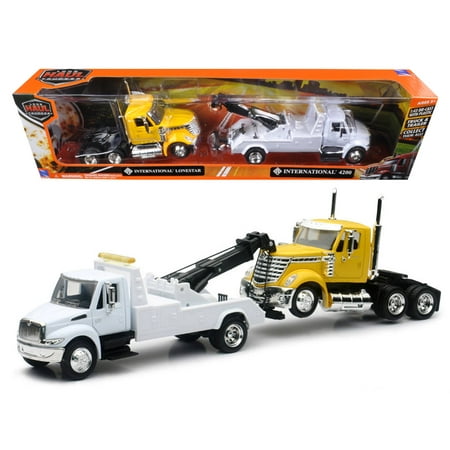 - International 4200 Tow Truck White and International Lonestar Cab Yellow 1/43 by New Ray