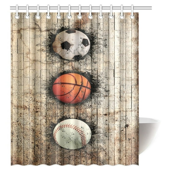 Mypop Sports Decor Shower Curtain Baseball Soccer Basketball Ball Mypop Sports Decor Shower Curtain Baseball Soccer Basketball Ball Embedded In Stone Wall Fabric Bathroom