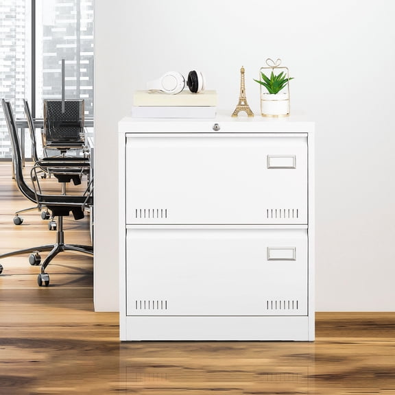 2-Drawer White Filing Cabinet - Folding Lock to Secure Three Drawers