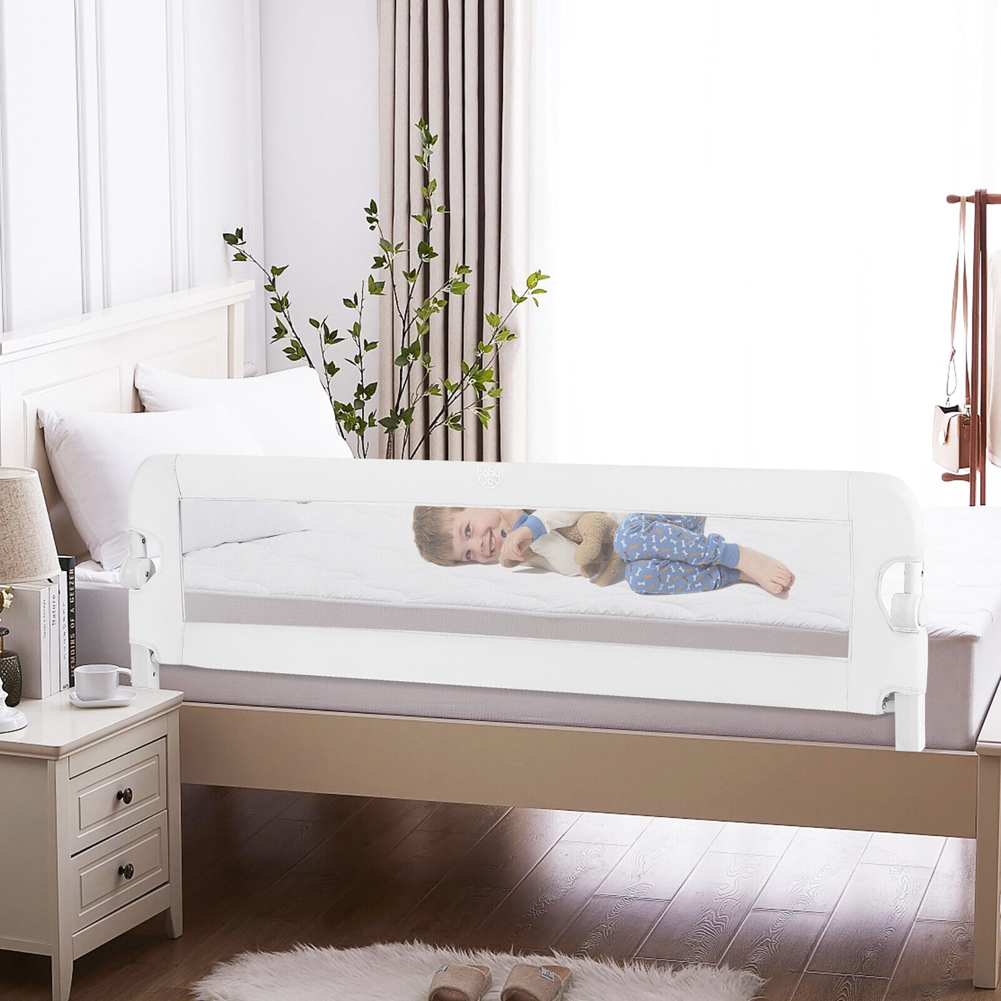Gymax Folding Baby Bed Rail Kids Swing Down Safety Bed Guard w/ Safety Belt