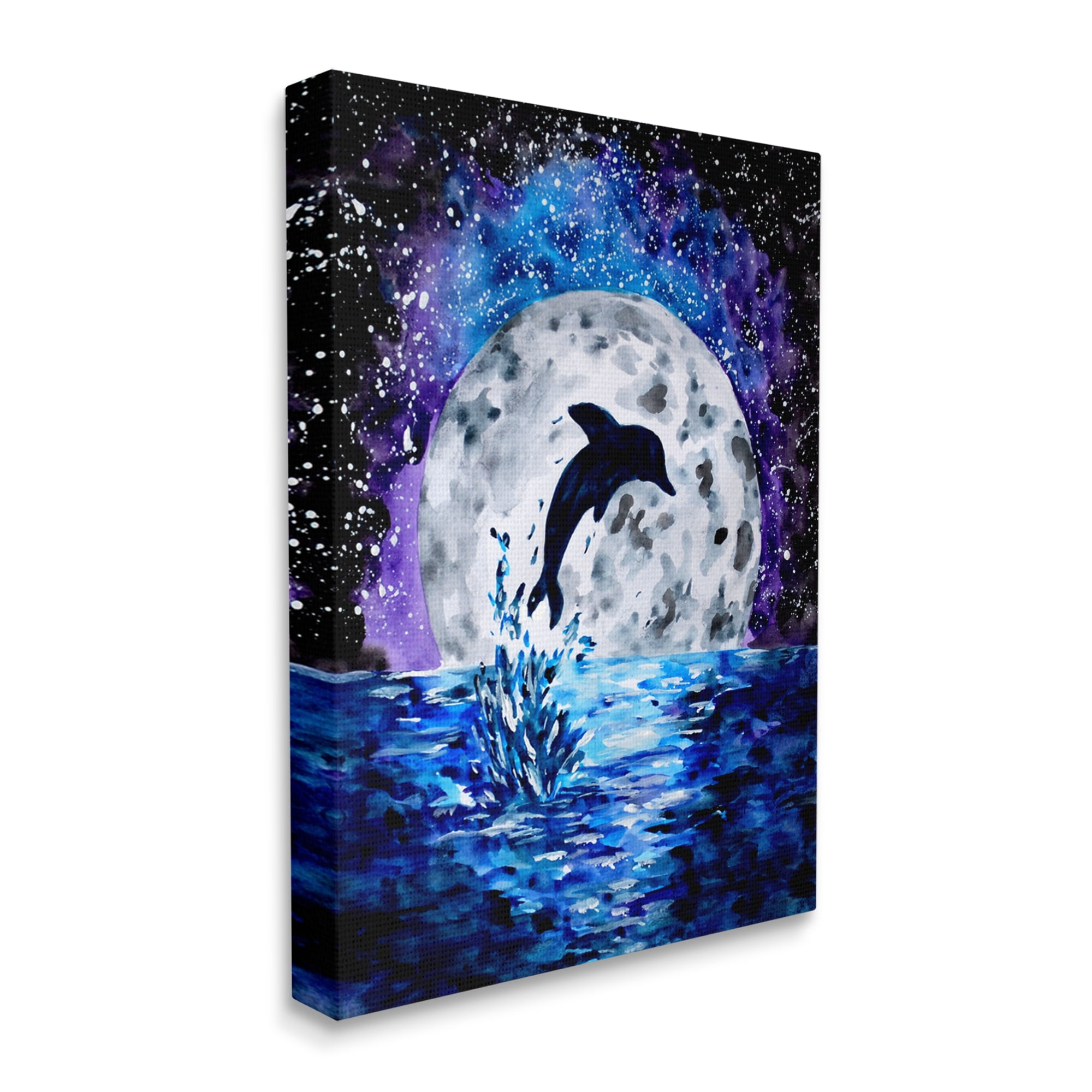 Stupell Industries Dolphin Full Moon Splash Animals & Insects Painting Gallery Wrapped Canvas Print Wall Art, 24 x 30