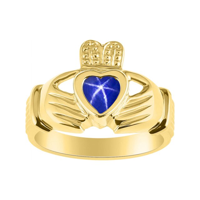 RYLOS Rings Gold Plated Silver Claddah Love, Loyalty & Friendship Heart 6MM Gem Irish Wedding Band Claddagh Rings Blue Star Sapphire Jewelry Size 10