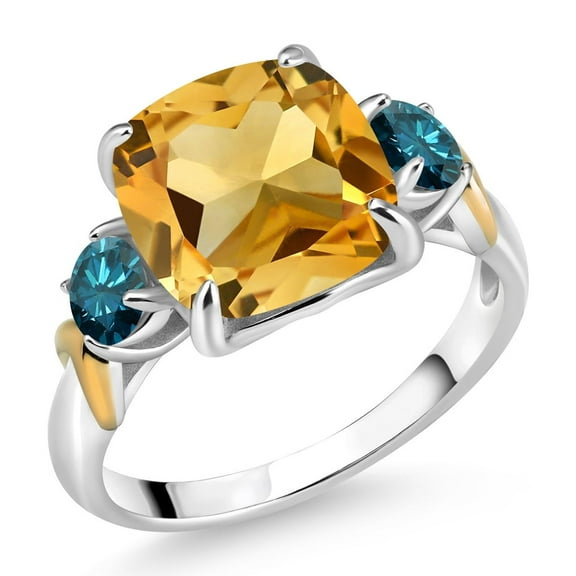 Gem Stone King 925 Silver and 10K Yellow Gold Yellow Citrine and Blue Diamond 3 Stone Ring for Women (4.14 Cttw, Gemstone November Birthstone, Cushion 10MM, Round 4MM, Size 5)