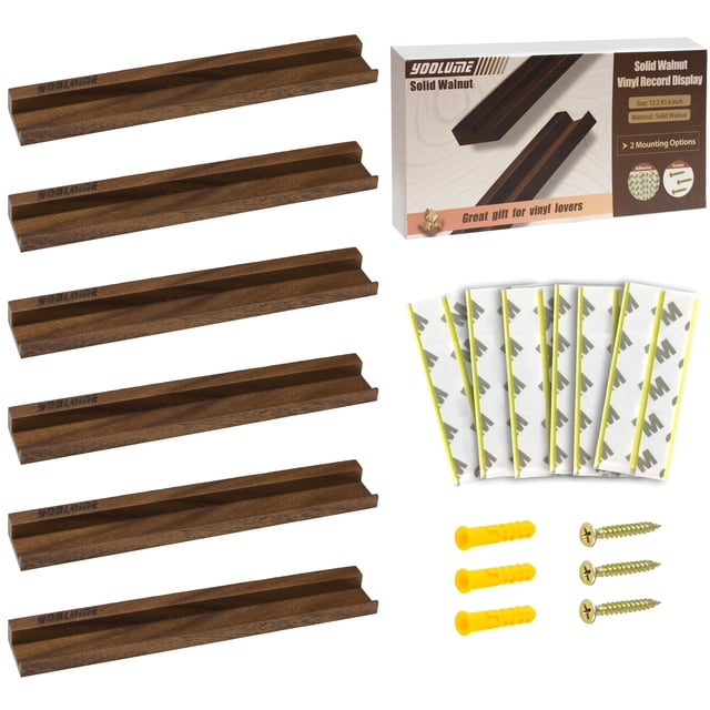 Soporte de pared para discos de vinilo Yoolume, pack de 6, nogal macizo