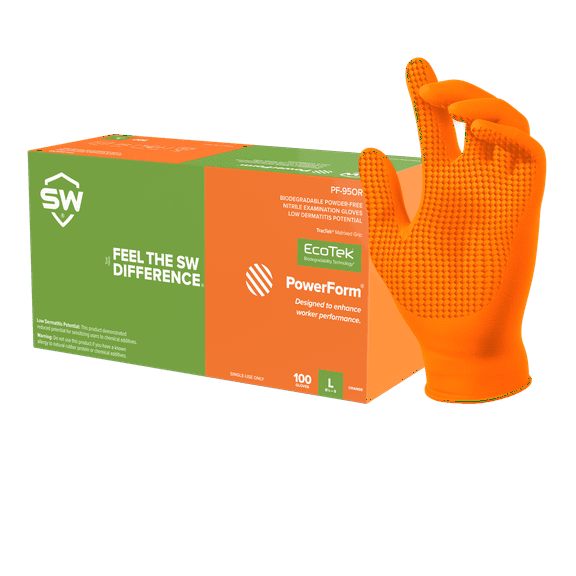 SW® PowerForm® PF-95OR Orange 5.9mil Nitrile Exam Gloves with TracTek Performance Grip – 100ct-Small